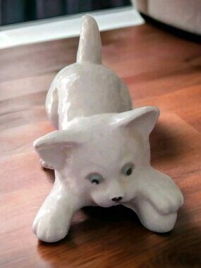 Vintage Pottery Playful Kitten Cat Figurine Brazil 5.5" Handpainted Pet Decor